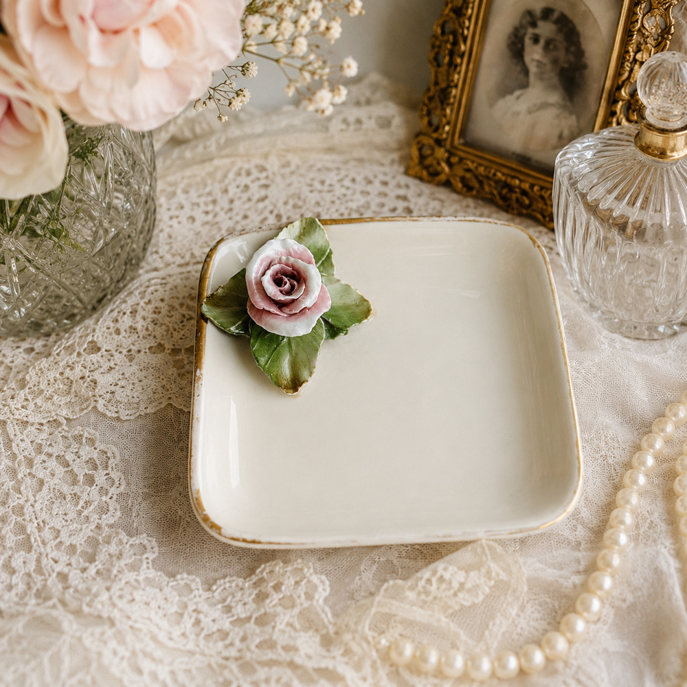 Vintage Porcelain Rose Trinket Dish Hand Painted Pink Floral Gold Trim Ring Hold
